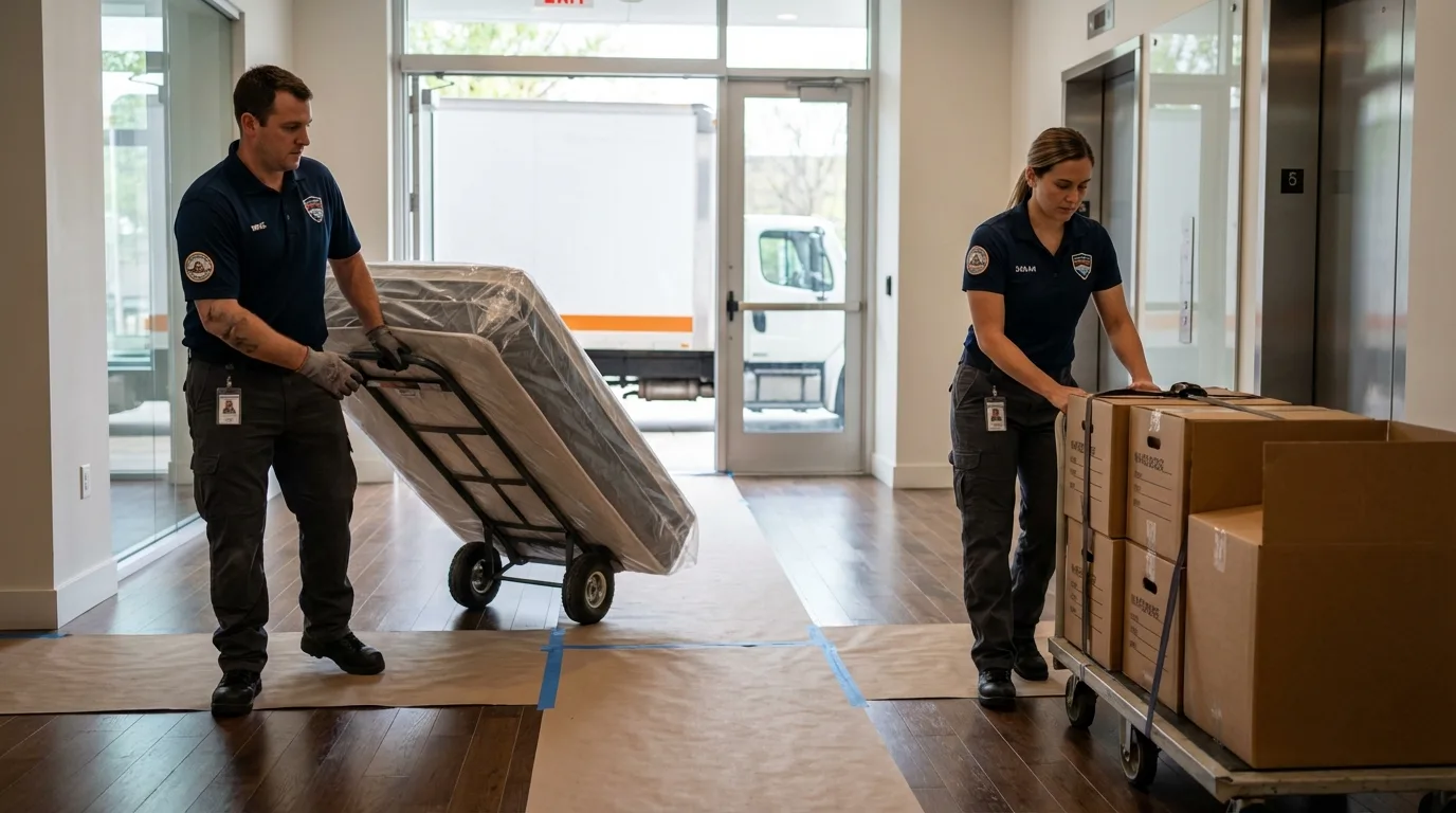 Professional apartment movers loading elevator in Whitley City, KY
