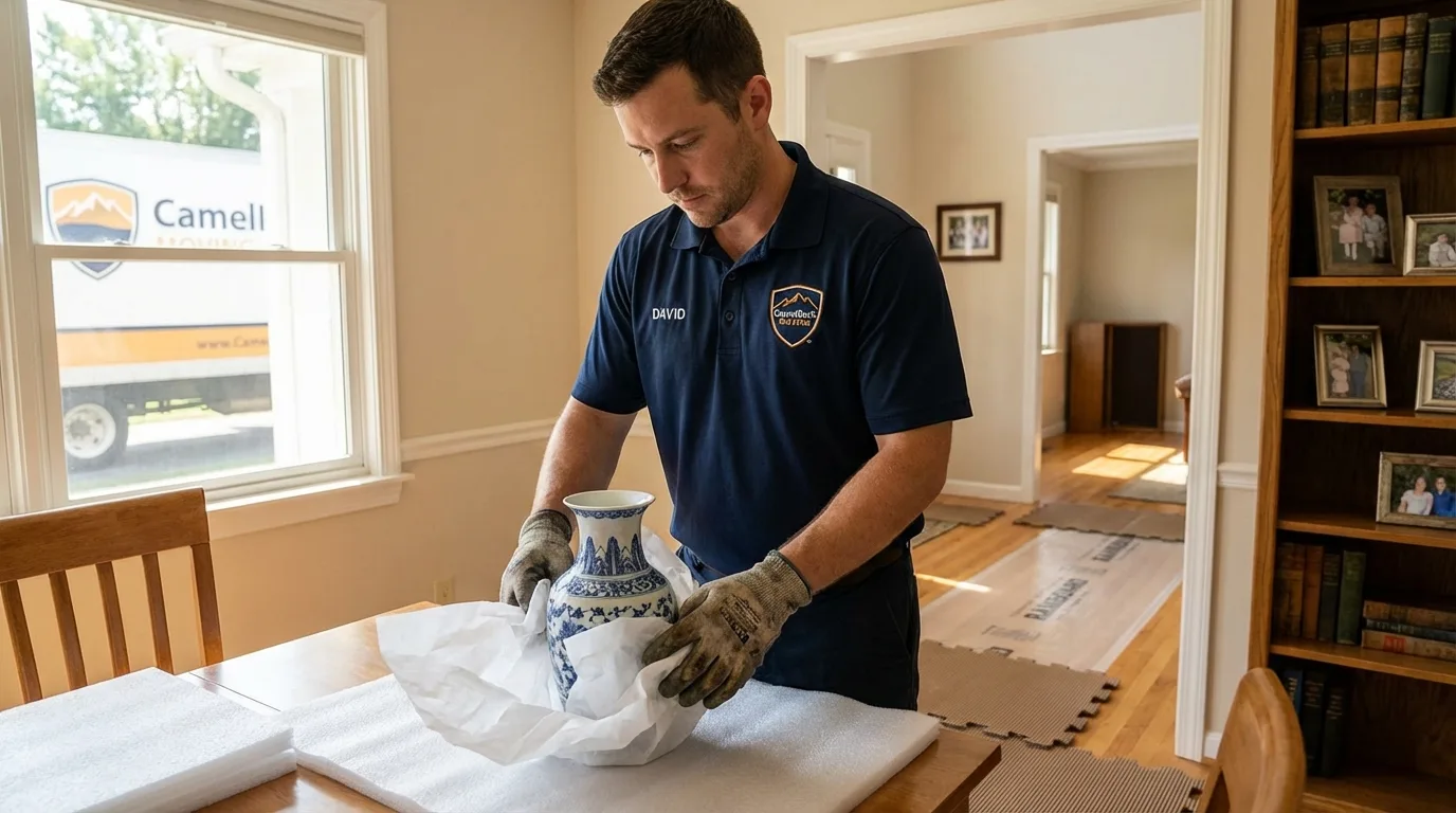 Professional crew carefully wrapping antique vase for senior downsizing move in Whitley City, KY